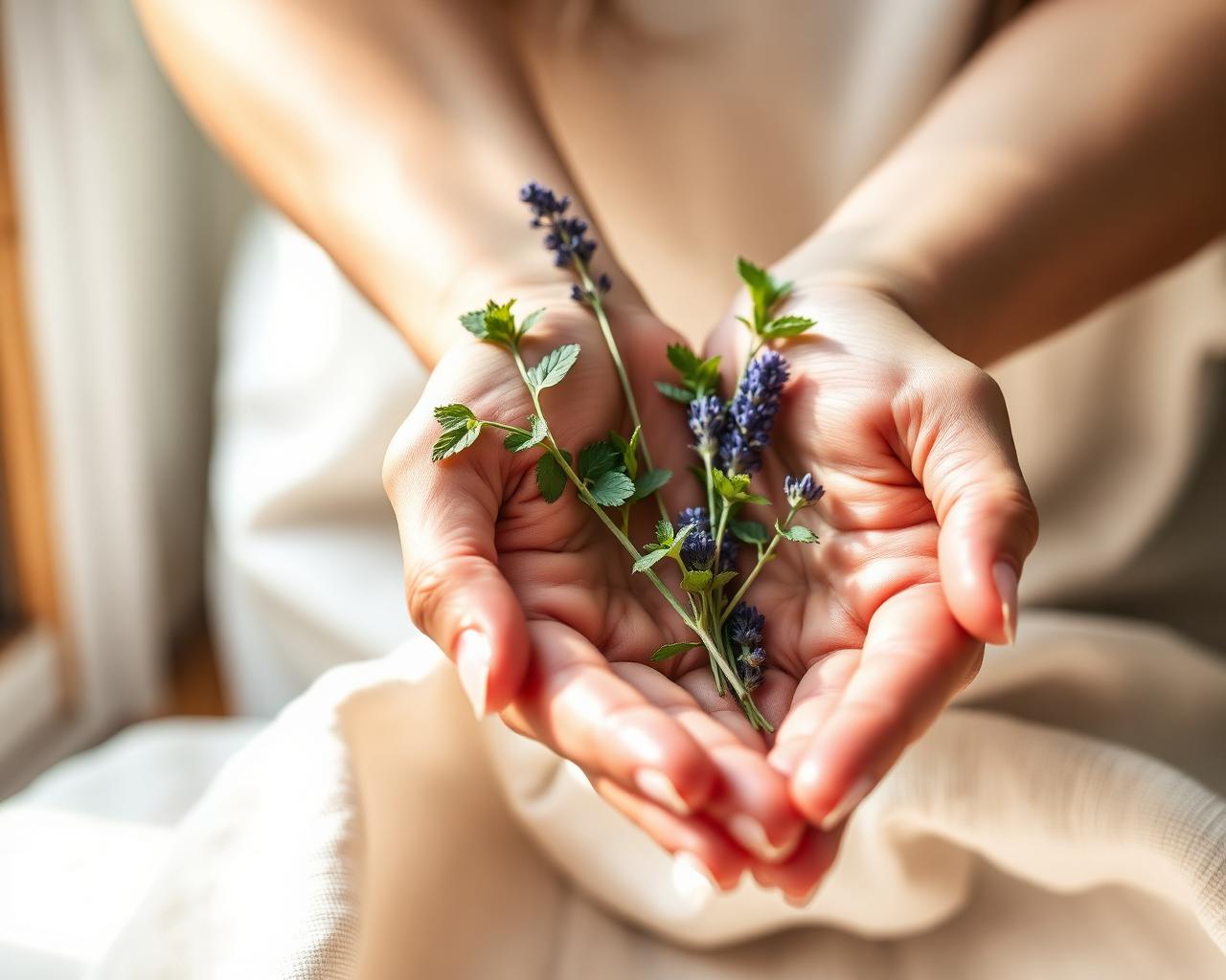 Hands cradling fresh botanical herbs